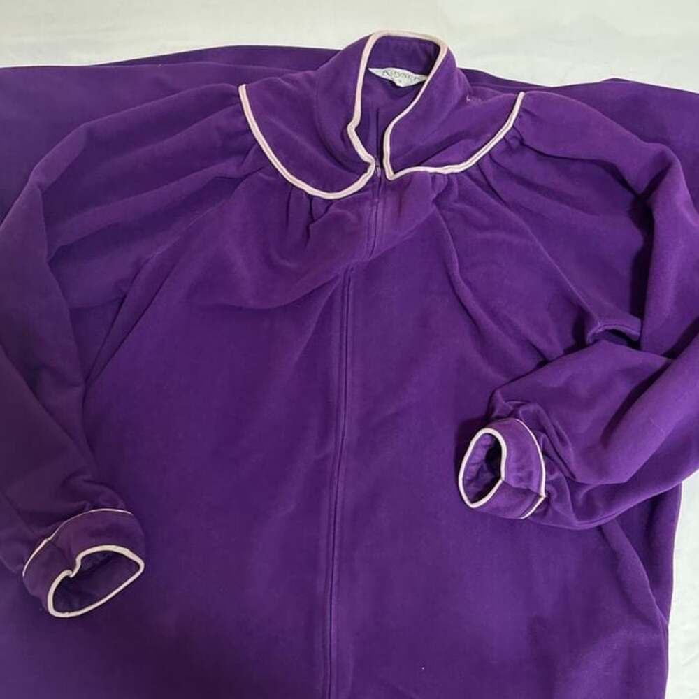 Vintage Vanity Fair Womens Long Robe Full Zip Eveningwear Purple Velour Gold